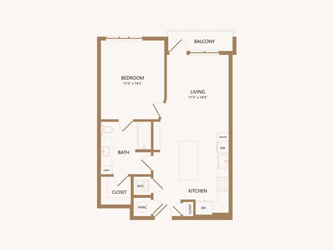 Floor plan for 1 bed, 1 bath, 744 sqft
